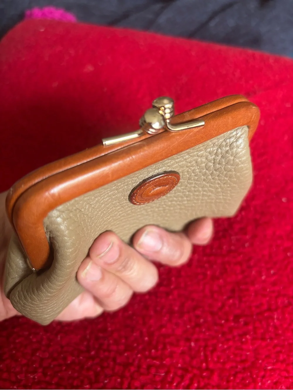 Dooney & Bourke Taupe Pebble Leather Coin Purse with Tan Trim